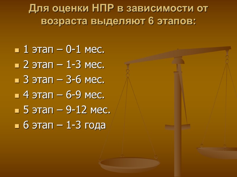 Для оценки НПР в зависимости от возраста выделяют 6 этапов:  1 этап –